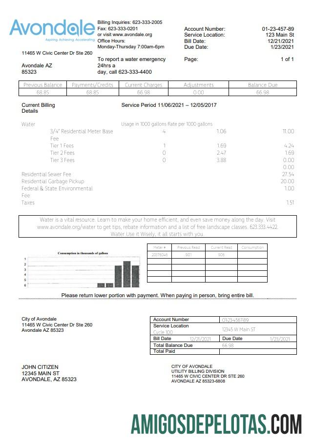 Para baixar modelo de conta de serviços públicos de água da cidade de Avondale, EUA, Arizona, em formato Word e PDF